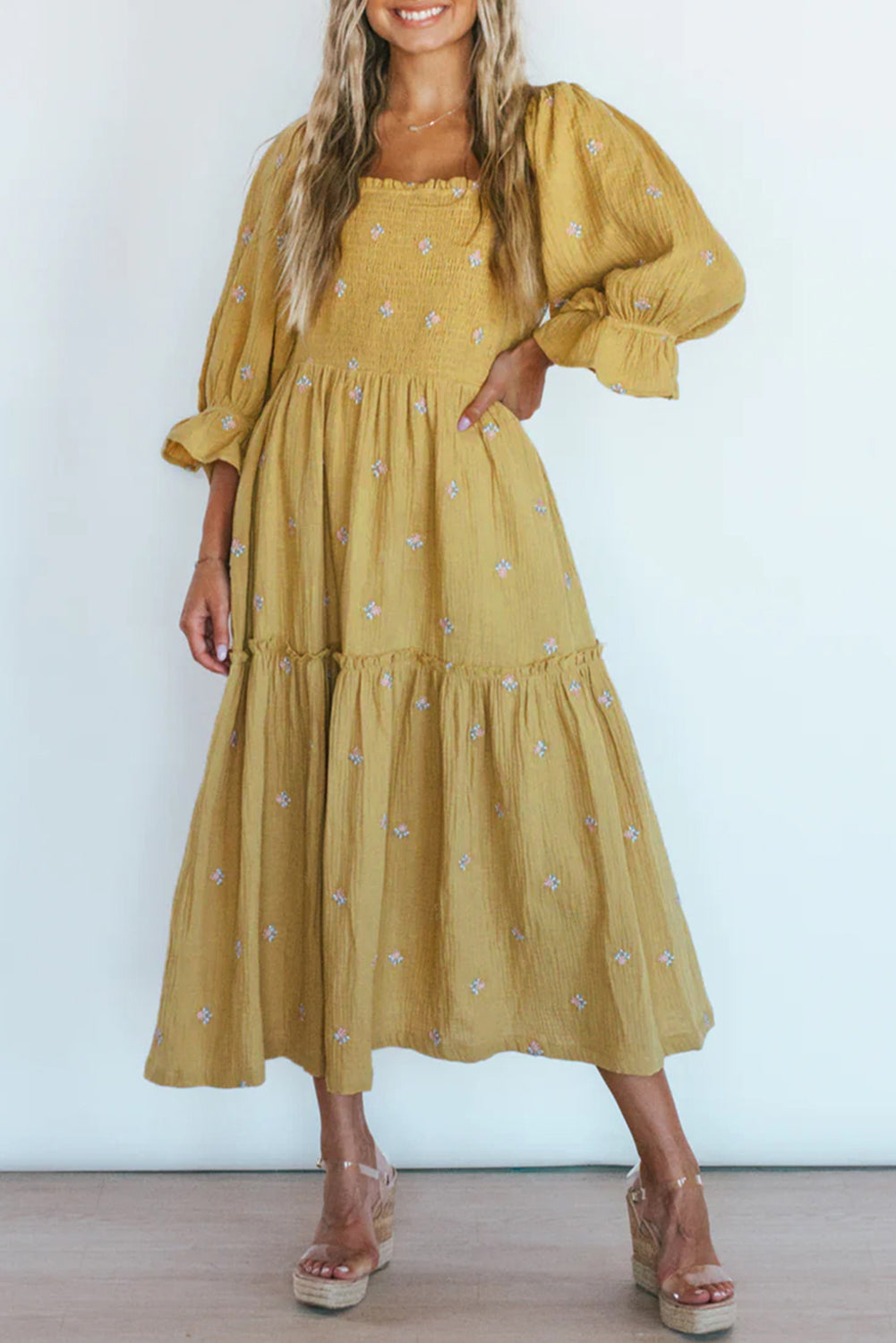 Printed Boho Ruffled Bracelet Sleeve Smocked Textured Midi Dress