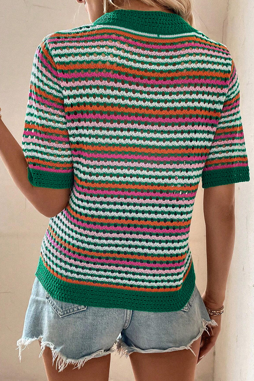 Striped Pattern Contrast Trim Pointelle Knit T Shirt