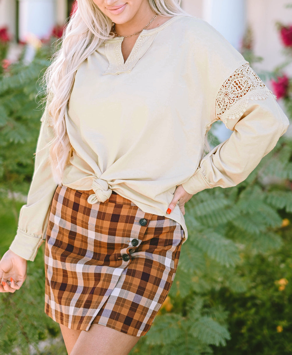 Notched Neck Crochet Insert Round Hem Sweatshirt