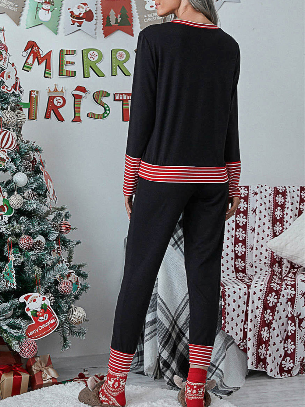 Christmas Striped Contrast Two Piece Lounge Set