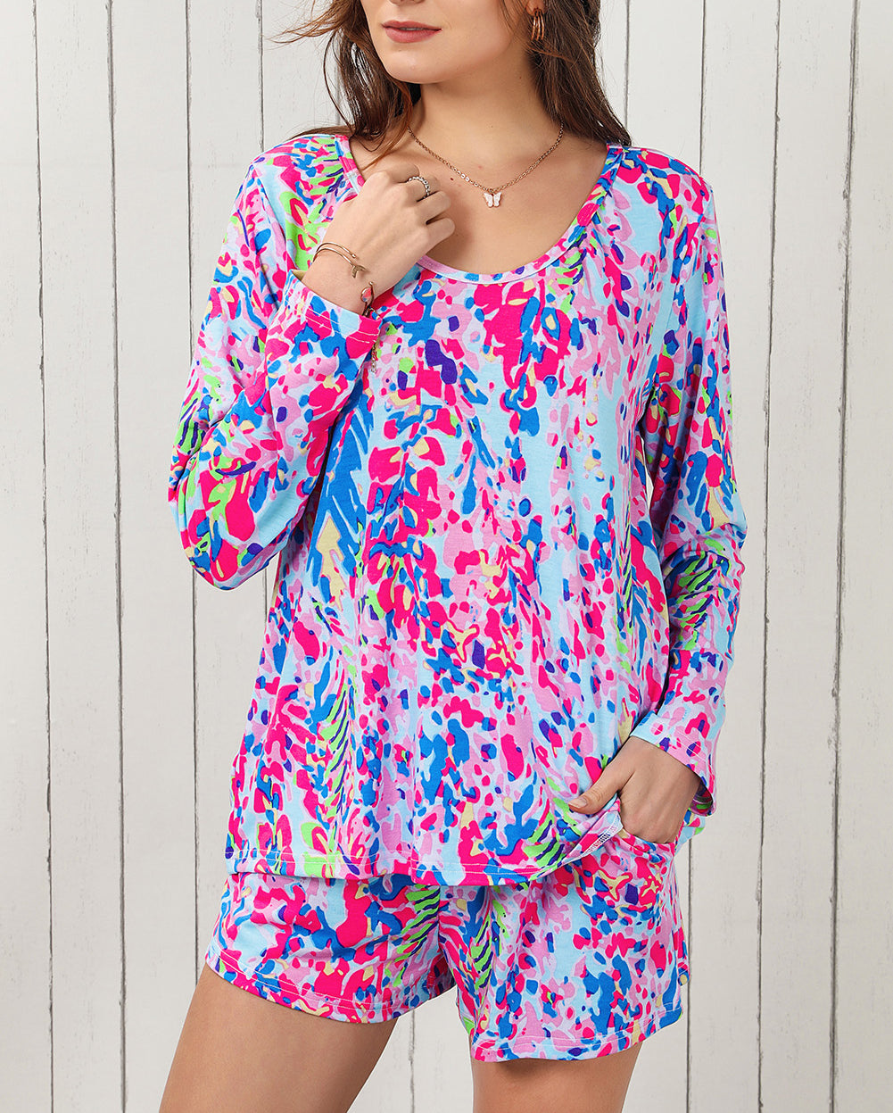 Purple Floral Long Sleeve Top and Drawstring Shorts Set