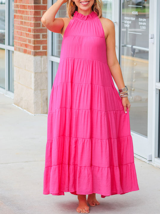 High Frilled Neck Tiered Sleeveless Maxi Dress