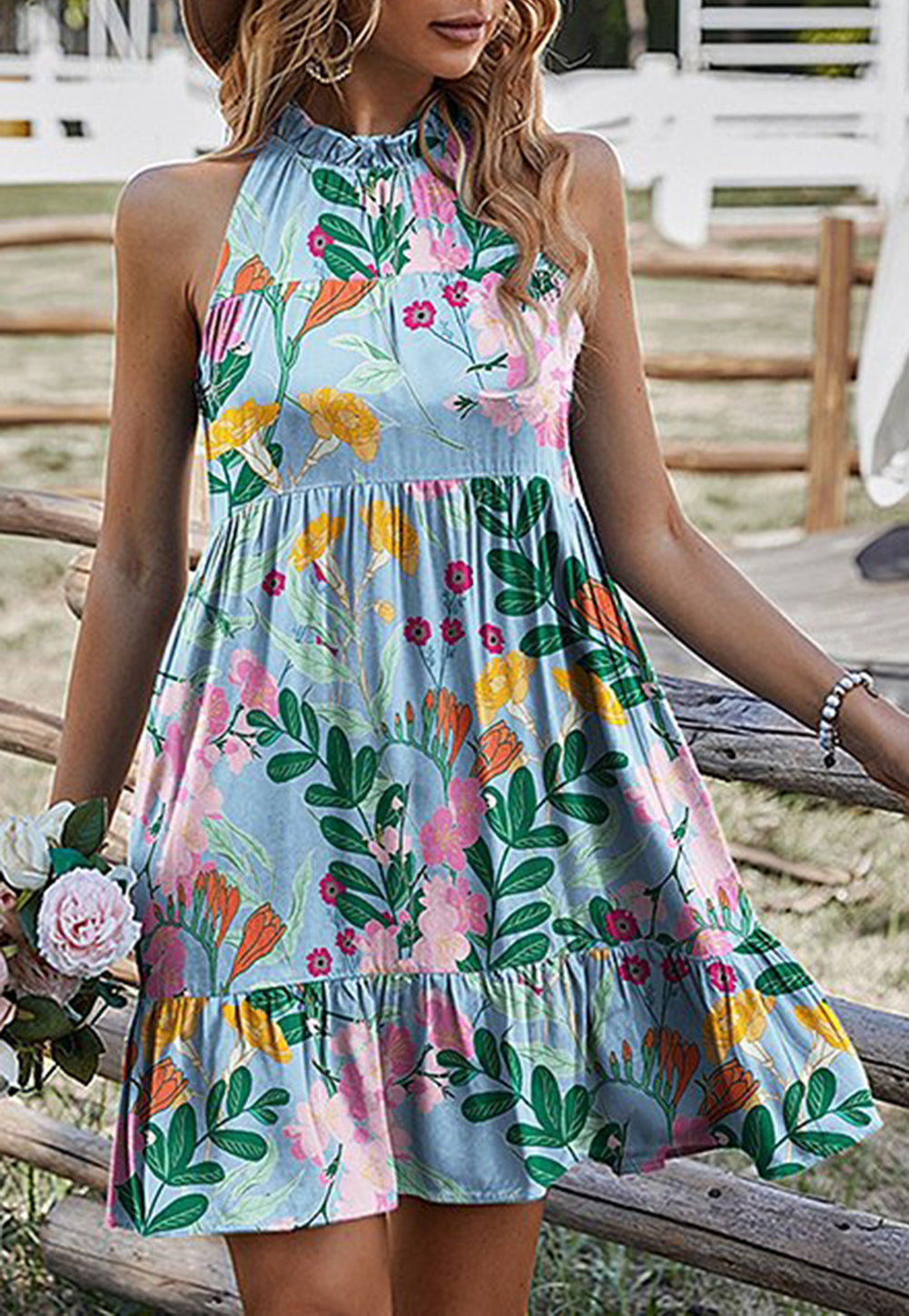 Floral Print Ruffled Lace-up Mock Neck Mini Dress