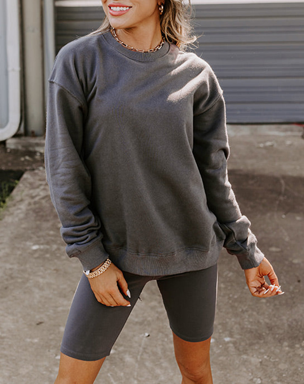 Solid Color Pullover and Skinny Shorts Two Piece Set