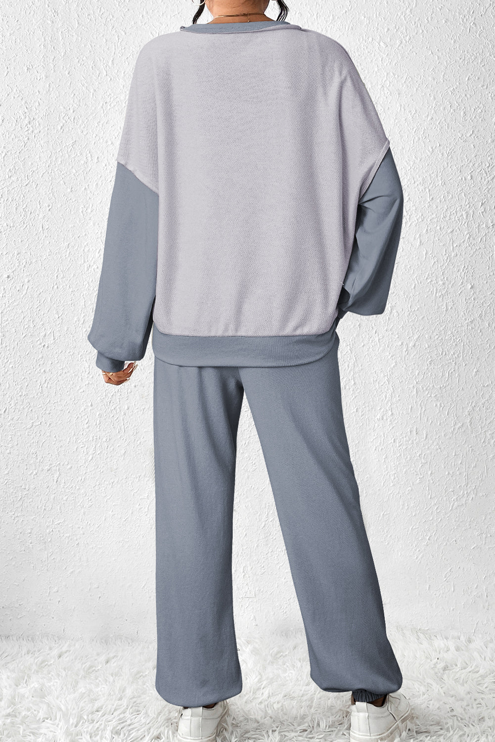 Contrast Patchwork Pullover and Drawstring Joggers Set
