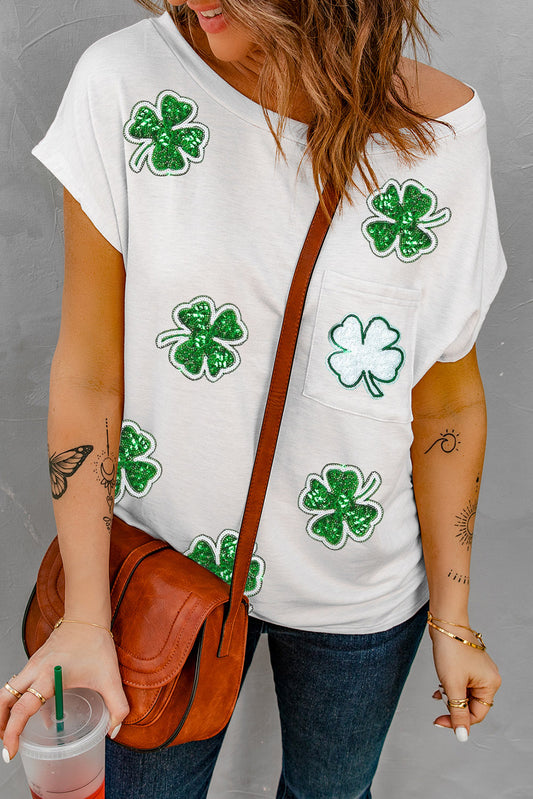 Sequin St Patrick Clover Patch Pocket Loose Tee