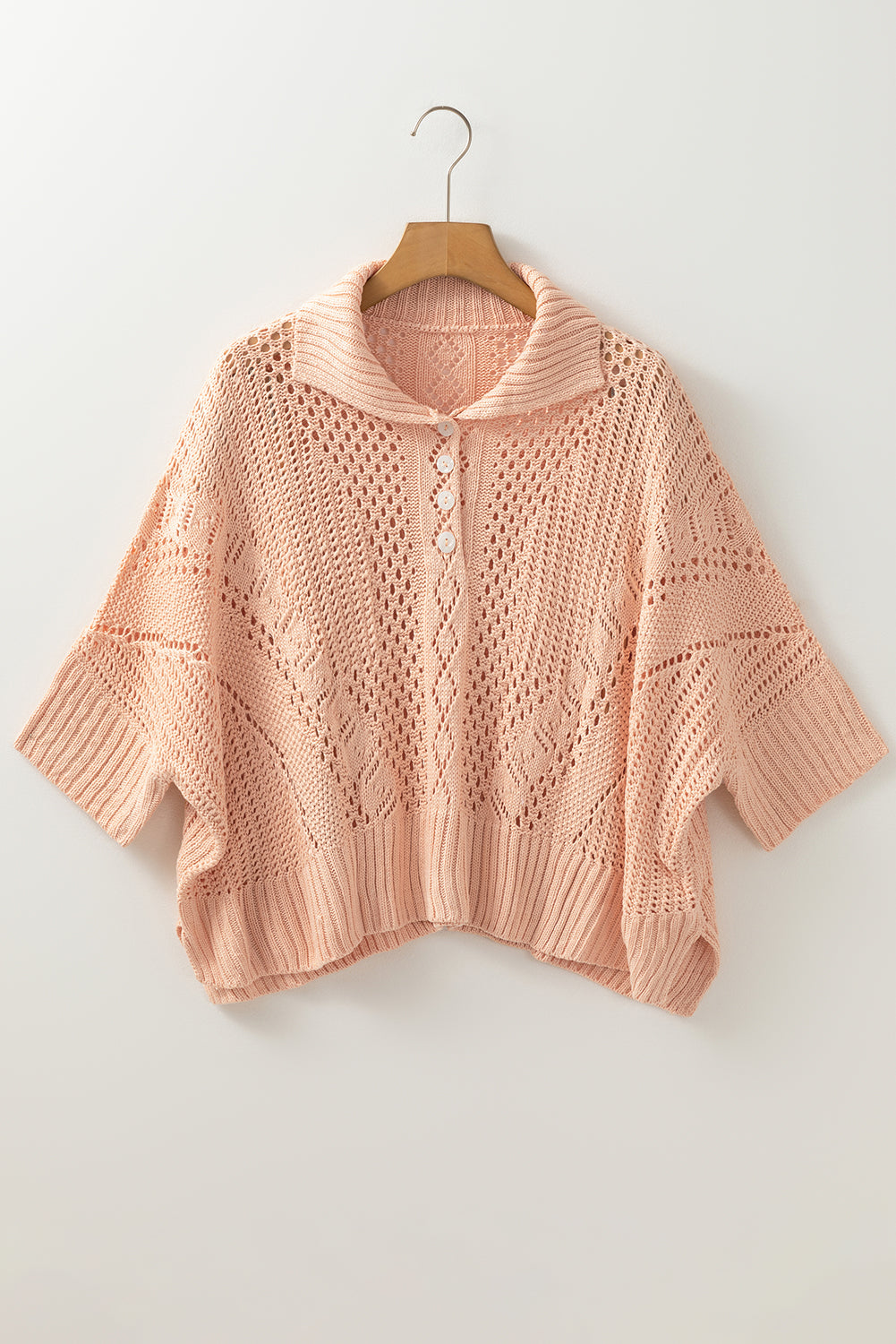 Hollowed Knit 3/4 Dolman Sleeve Buttoned Collared Sweater