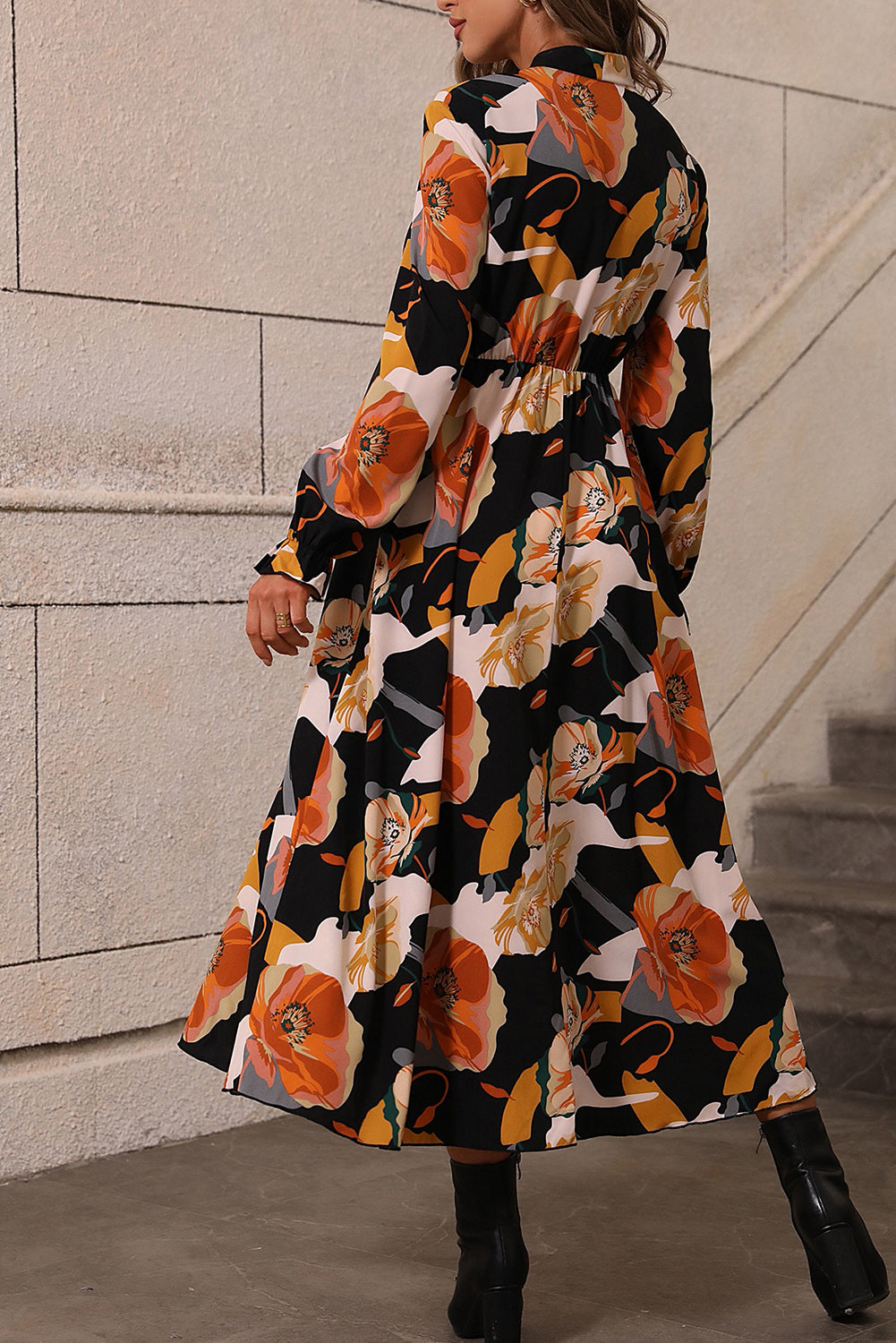 Floral Print Tie Neck Long Sleeve Dress