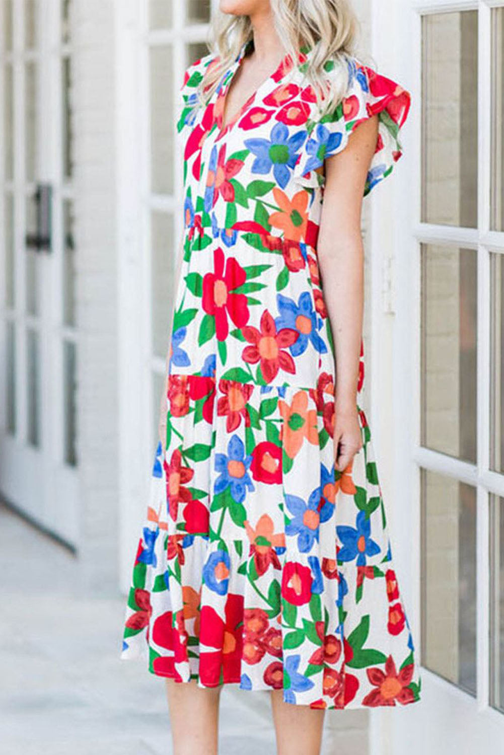 Flutter Sleeve V Neck High Waist Floral Midi Dress