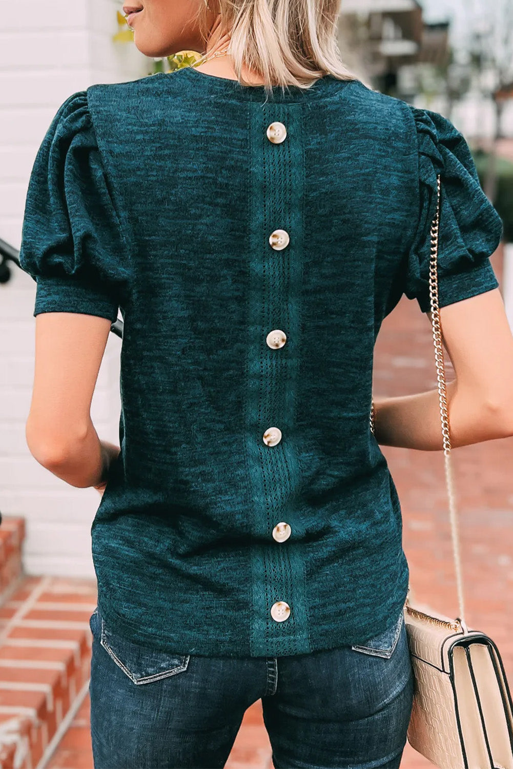 Sapphire Solid Button Back Puff Short Sleeve Top