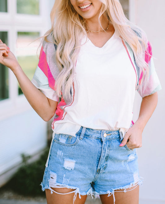 Stripe Patchwork V Neck T Shirt