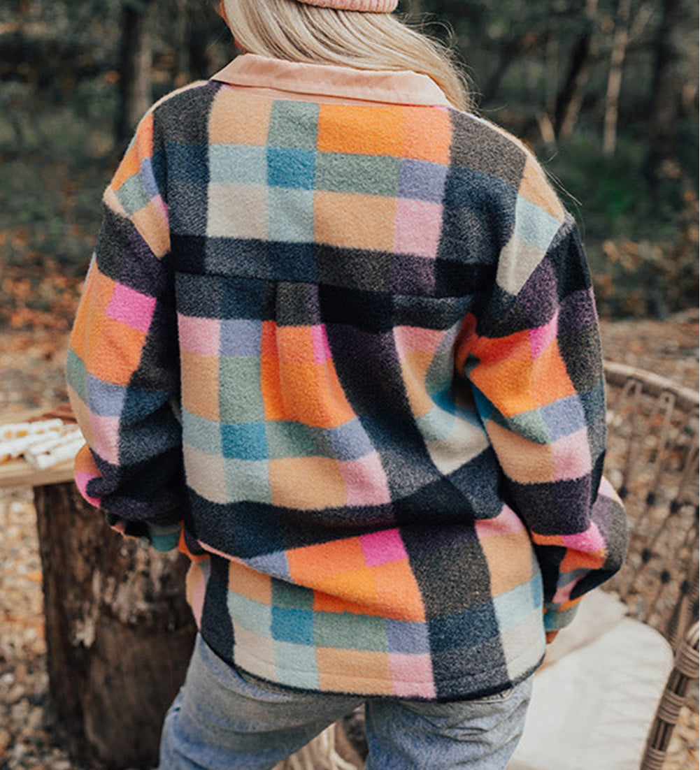 Plaid Print Pocketed Half Button Collared Sweatshirt