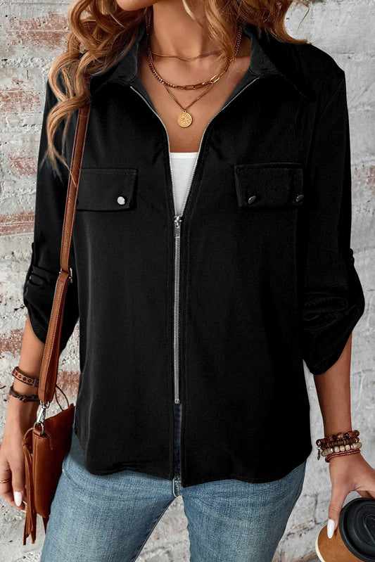 Collar Tab Sleeve Zip Up Flap Detail Jacket