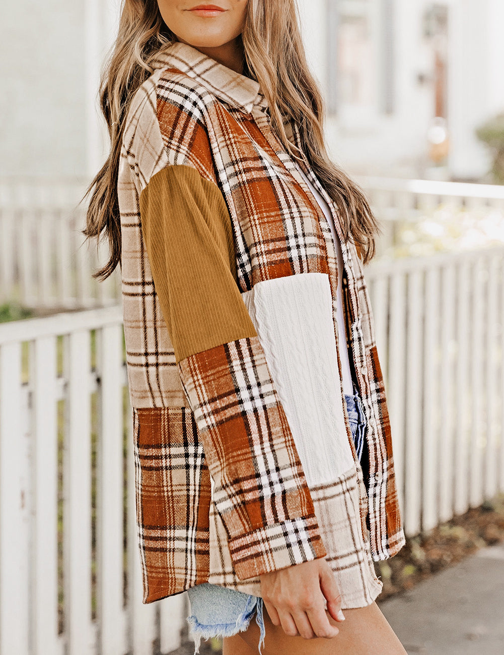 Plaid Color Block Patchwork Shirt Jacket with Pocket