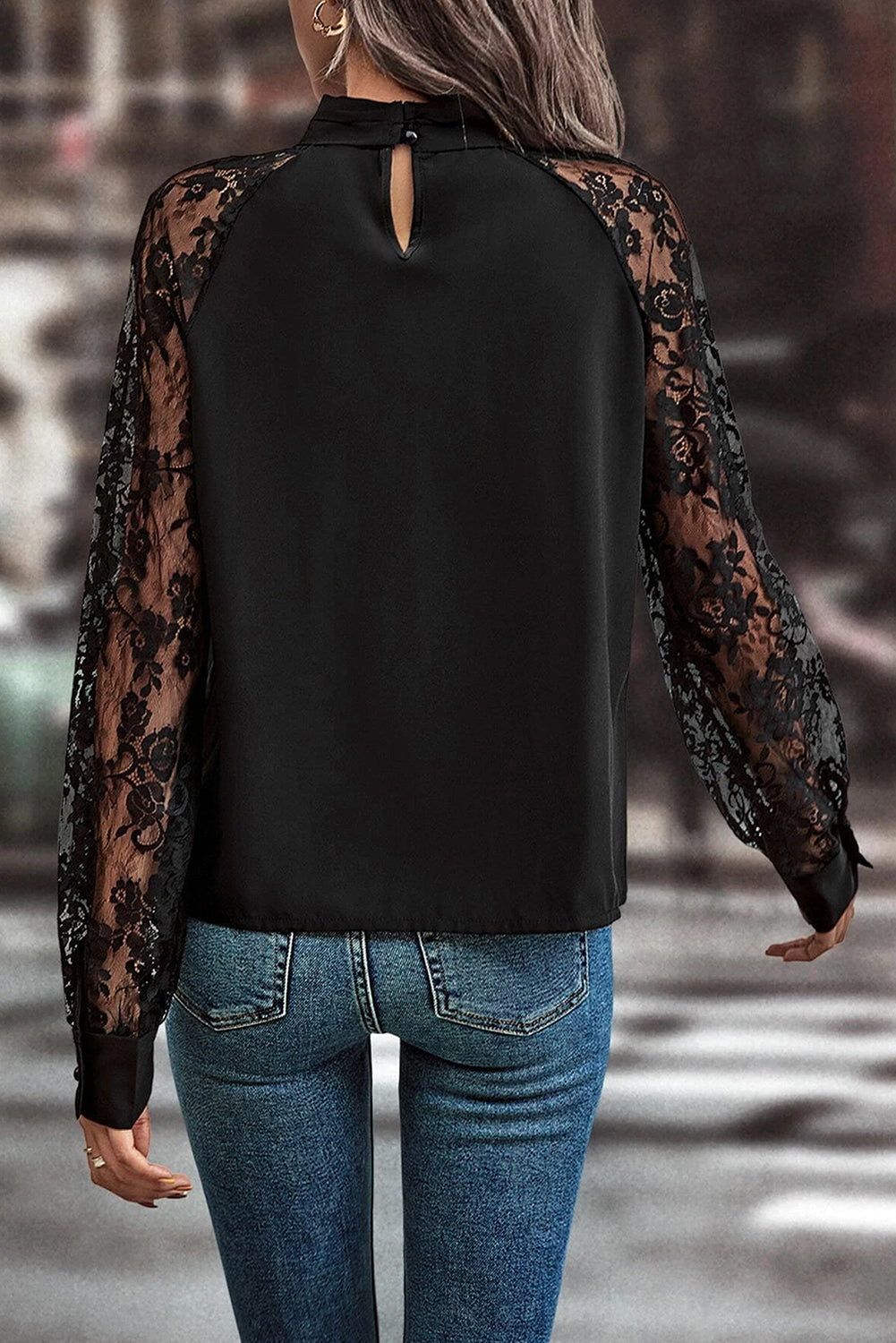 Keyhole Neckline Floral Lace Raglan Sleeve Blouse