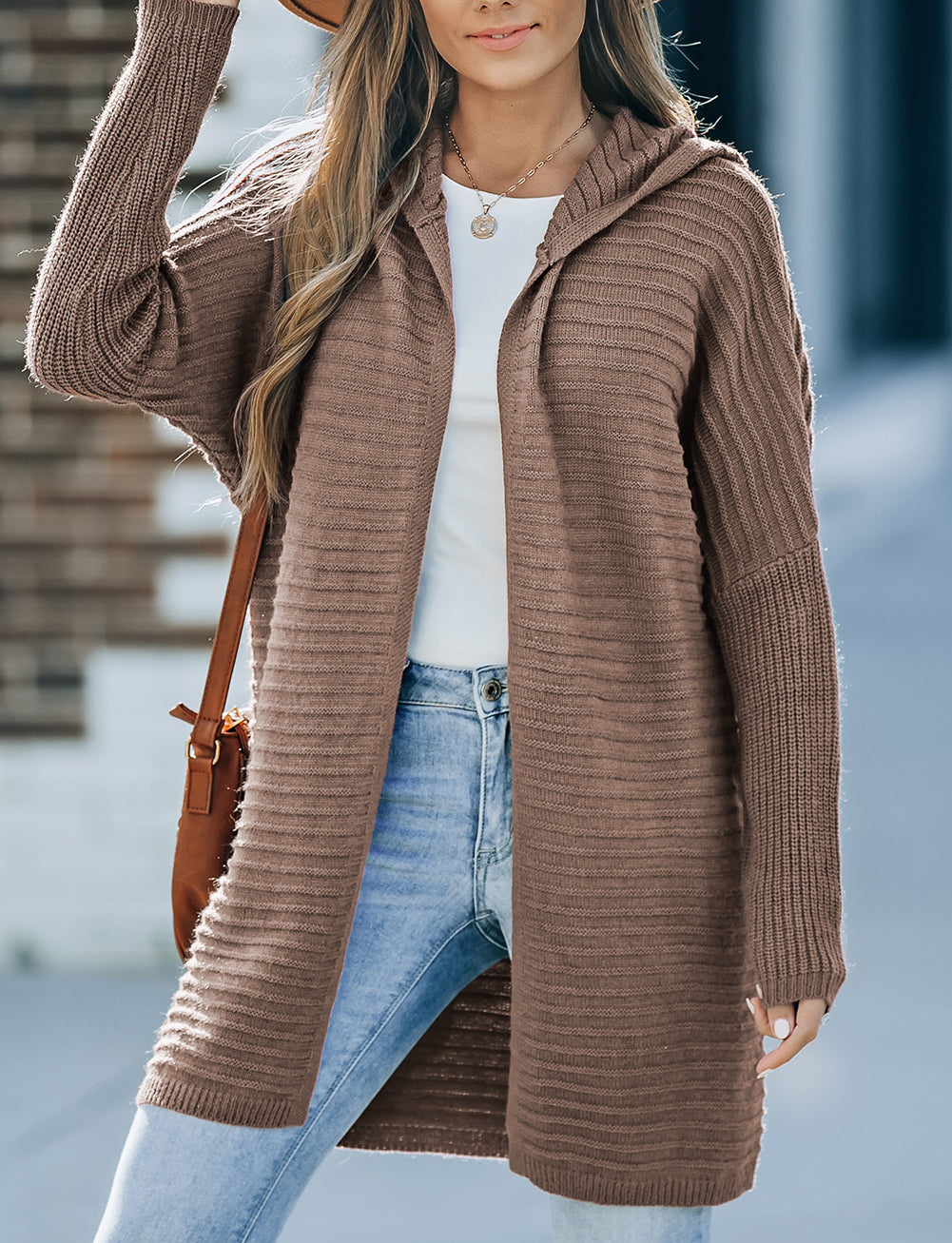 Horizontal Rib Knitted Open Front Hooded Cardigan