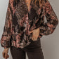 Floral Print Criss Cross V Neck Balloon Sleeve Blouse