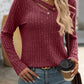 Ribbed Long Sleeve Buttoned Strap V Neck Top