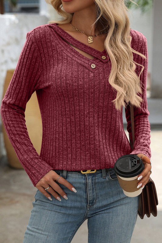 Ribbed Long Sleeve Buttoned Strap V Neck Top