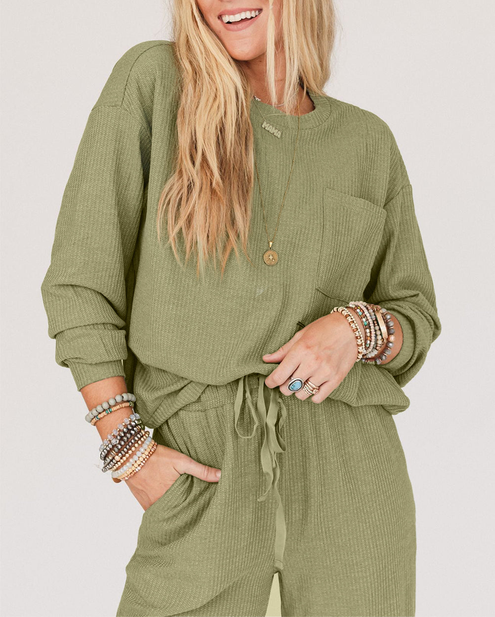 Waffle Knit Long Sleeve Top Drawstring Joggers Set