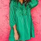 Embroidered Ruffled Trim 3/4 Sleeve V Neck Mini Dress