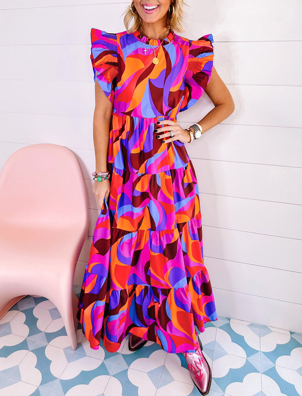 Abstract Printed High Waist Ruffle Tiered Long Dress