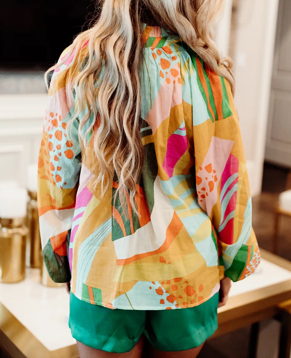 Printed Abstract Print Balloon Sleeve Notched Neck Blouse