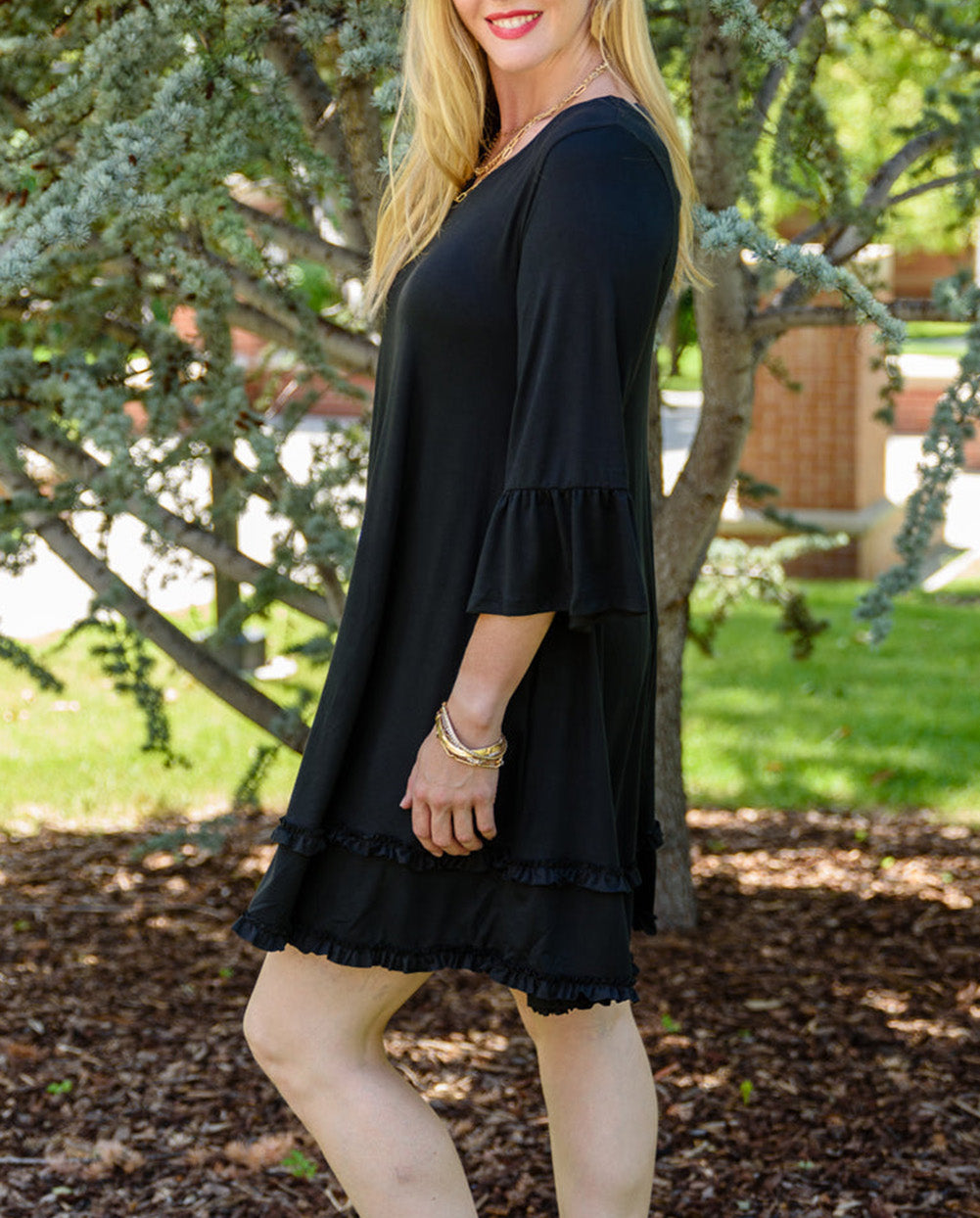 Plus Size Ruffled Trim 3/4 Sleeve Dress