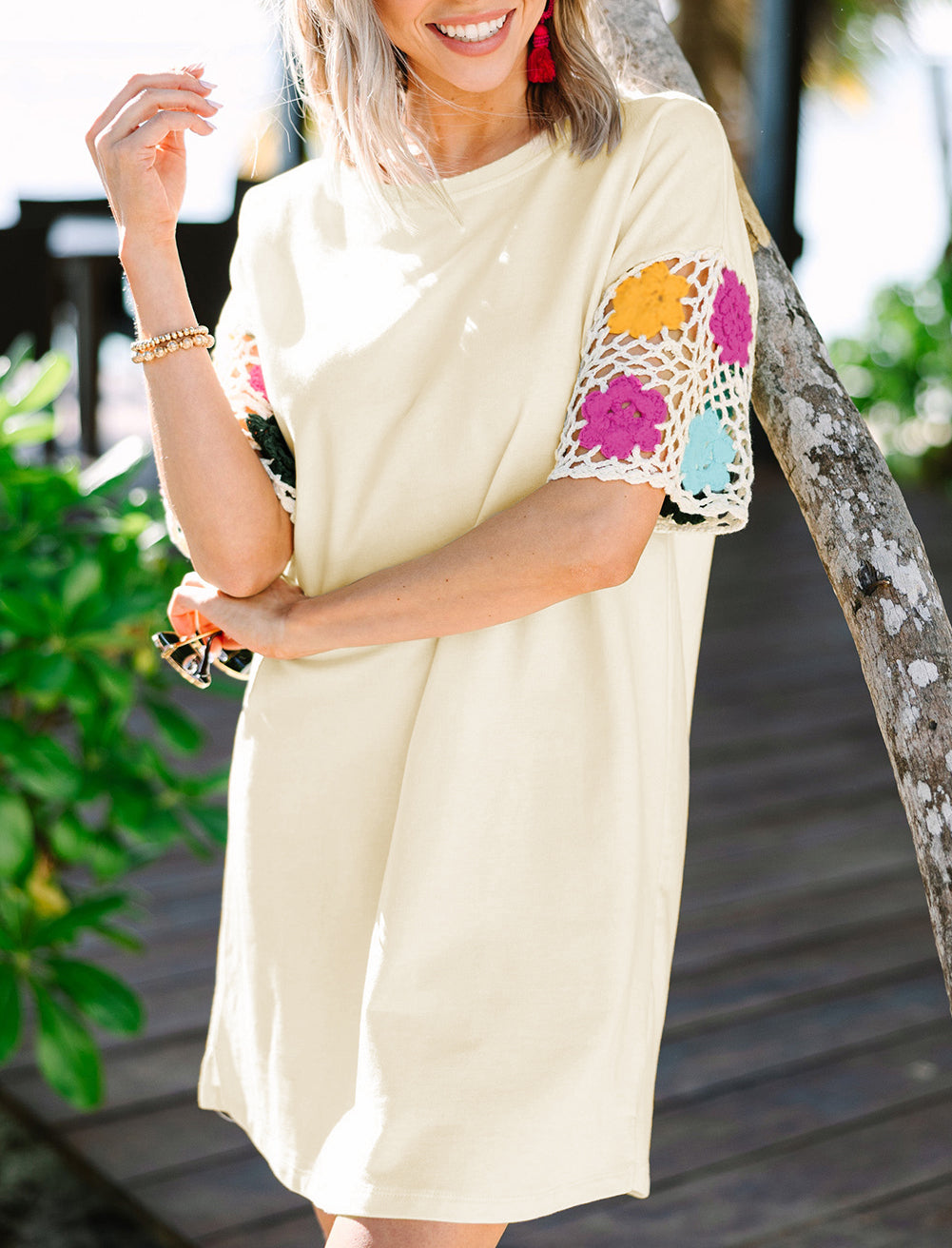 Floral Crochet Splicing Sleeve T Shirt Dress