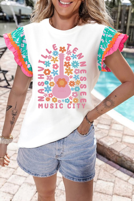 Guitar Floral Print Flutter Sleeve T Shirt