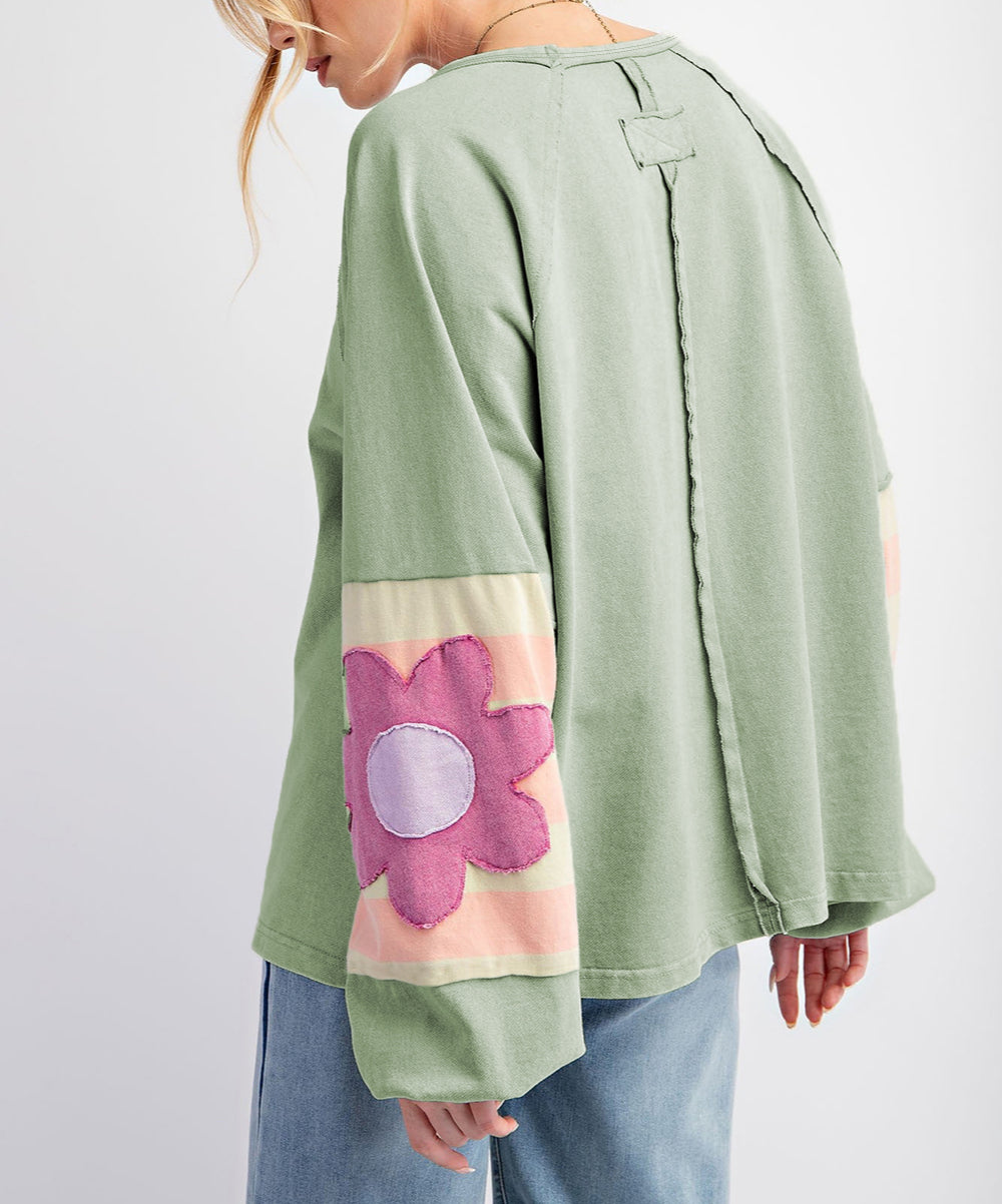 Flower Patchwork Raglan Sleeve Exposed Seam Oversized Top