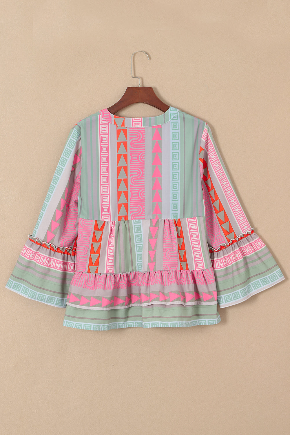 Boho Geometric Print Split Neck Ruffle Blouse