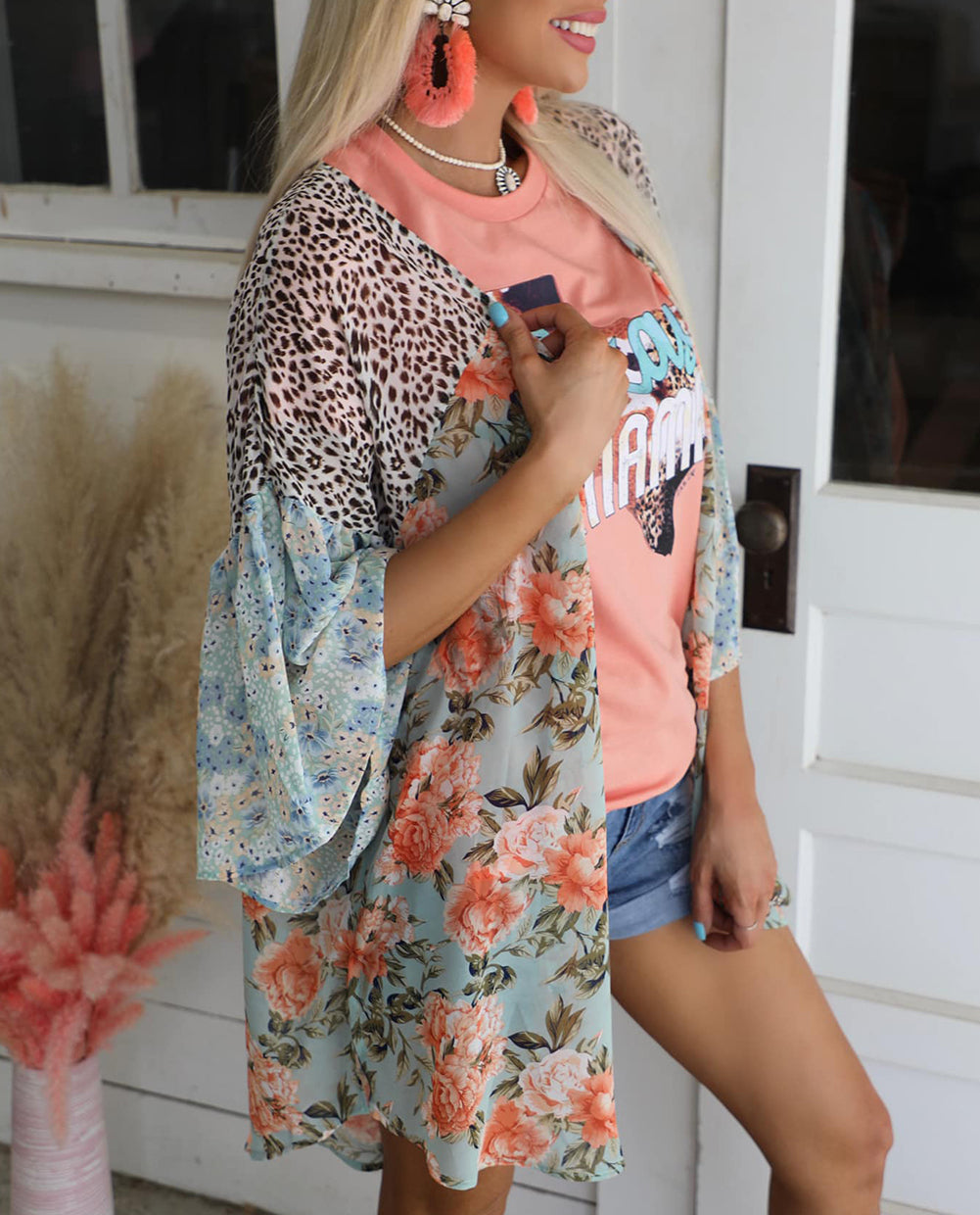 Leopard Floral Mixed Print Wide Sleeves Kimono