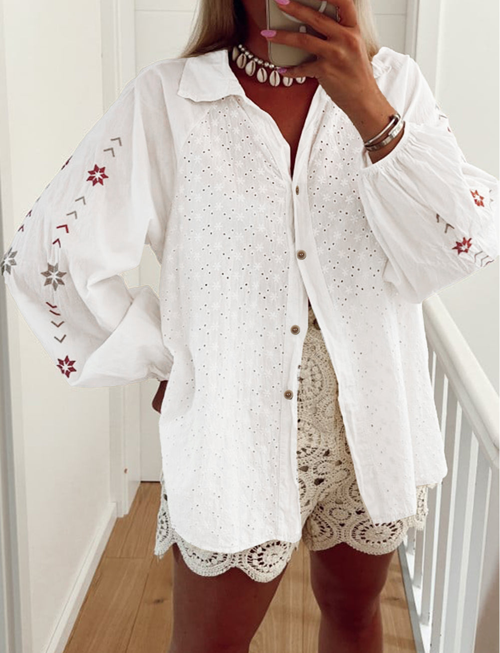 Floral Embroidered Puff Sleeve Eyelet Patchwork Shirt