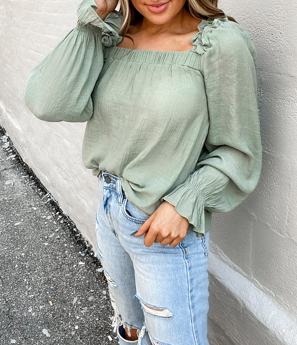 Ruffled Square Neck Cuffs Long Sleeve Blouse
