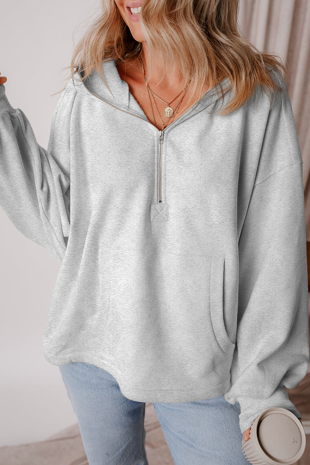 Fleece Lined Half Zipper Kangaroo Pockets Loose Hoodie