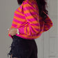 Stripe Shoulder Pad Round Neck Sweater