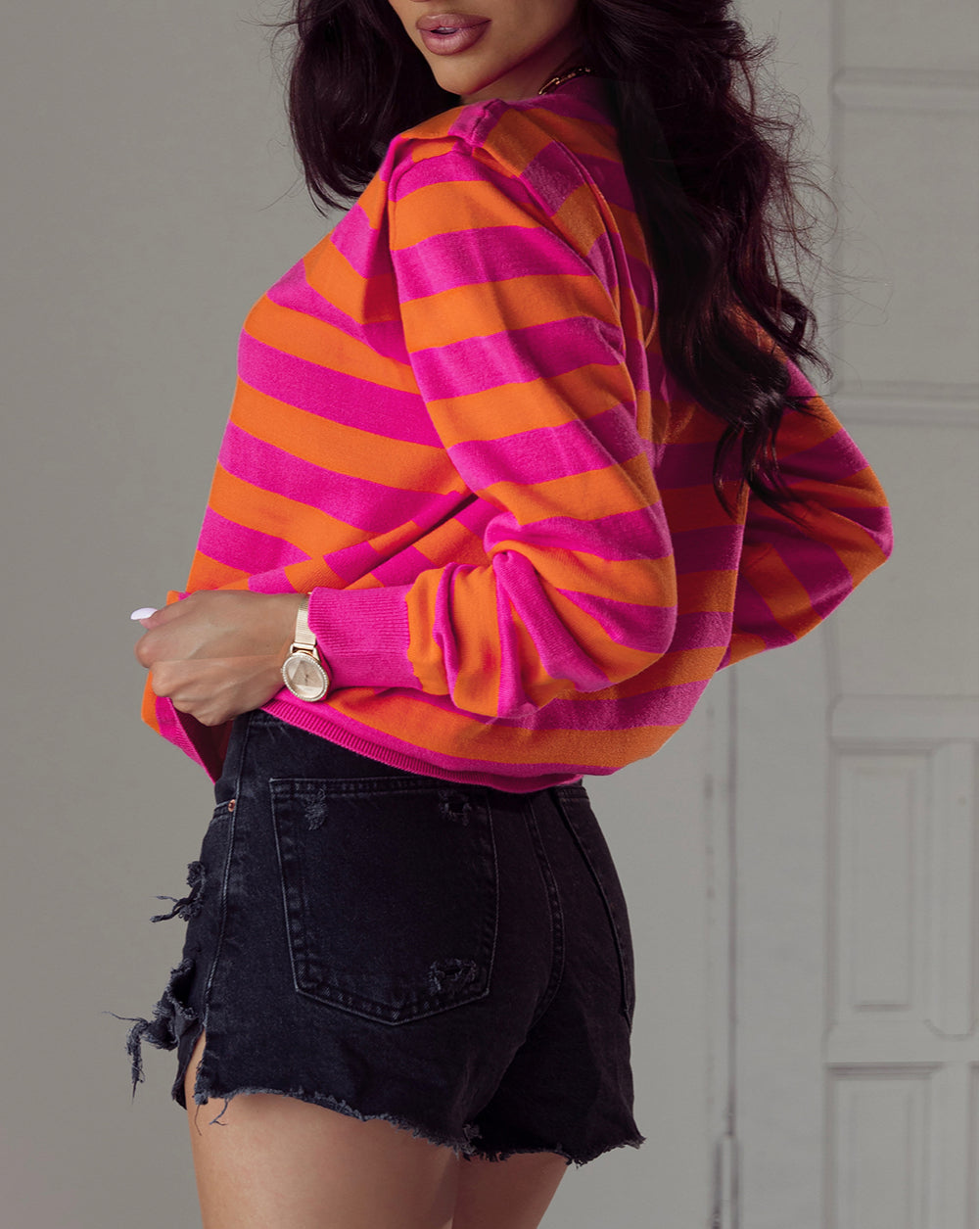 Stripe Shoulder Pad Round Neck Sweater