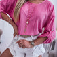 Rose Pleated Texture Roll Tab Sleeve Blouse