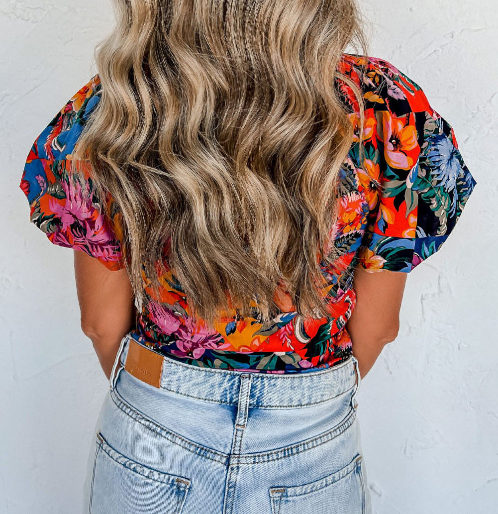 Floral Print Puff Sleeve Ruched V Neck Blouse