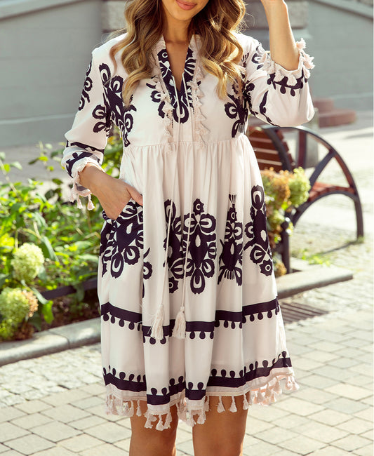 Western Pattern Print Tasseled Notch V Neck Mini Dress