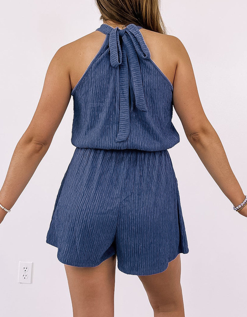 High Neck Crinkle Textured Romper