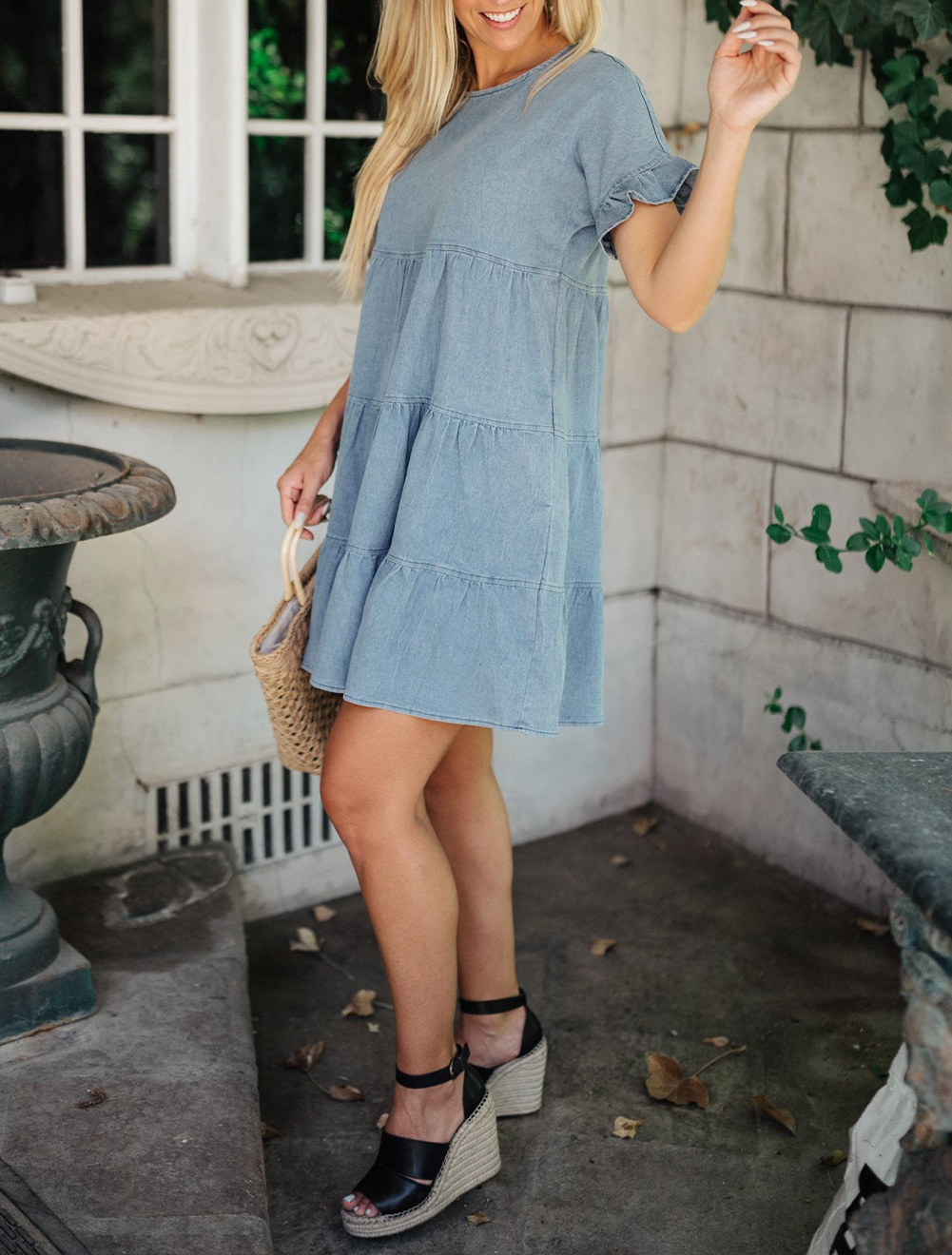 Sky Blue Ruffled Short Sleeves Tiered Denim Dress