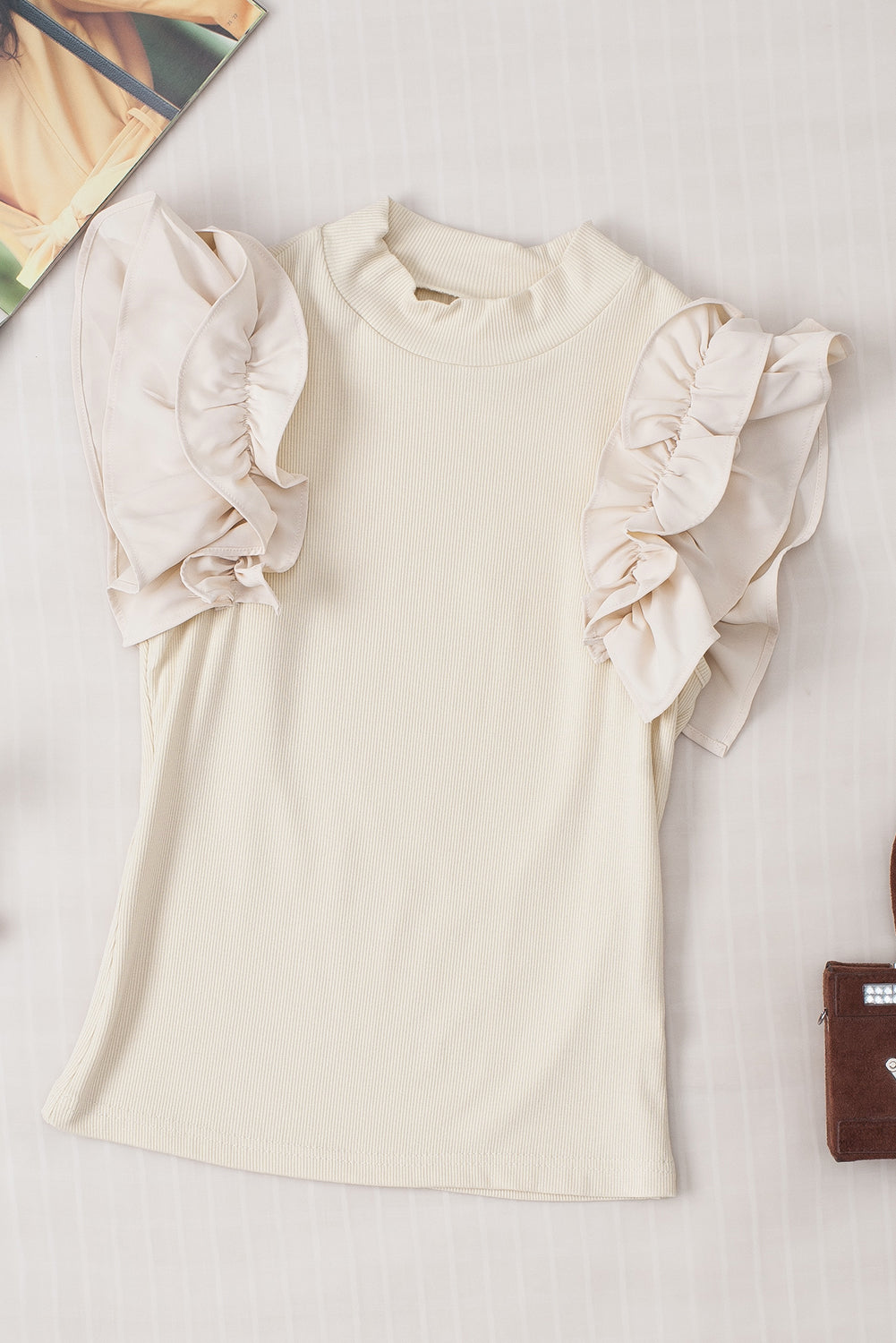 Ruffle Flutter Sleeve High Neck Ribbed Blouse