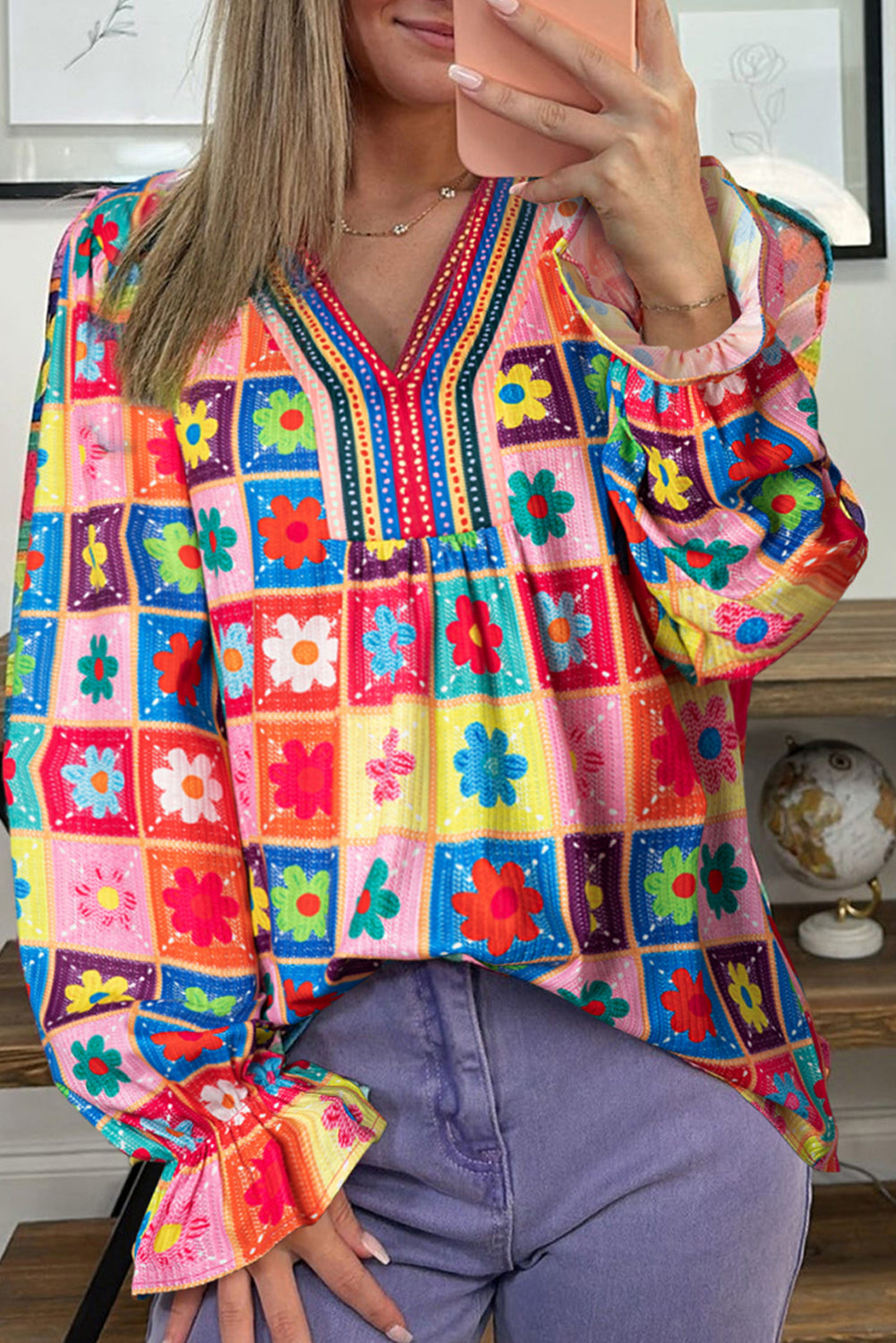 Checkered Flower Print Bubble Sleeve Blouse