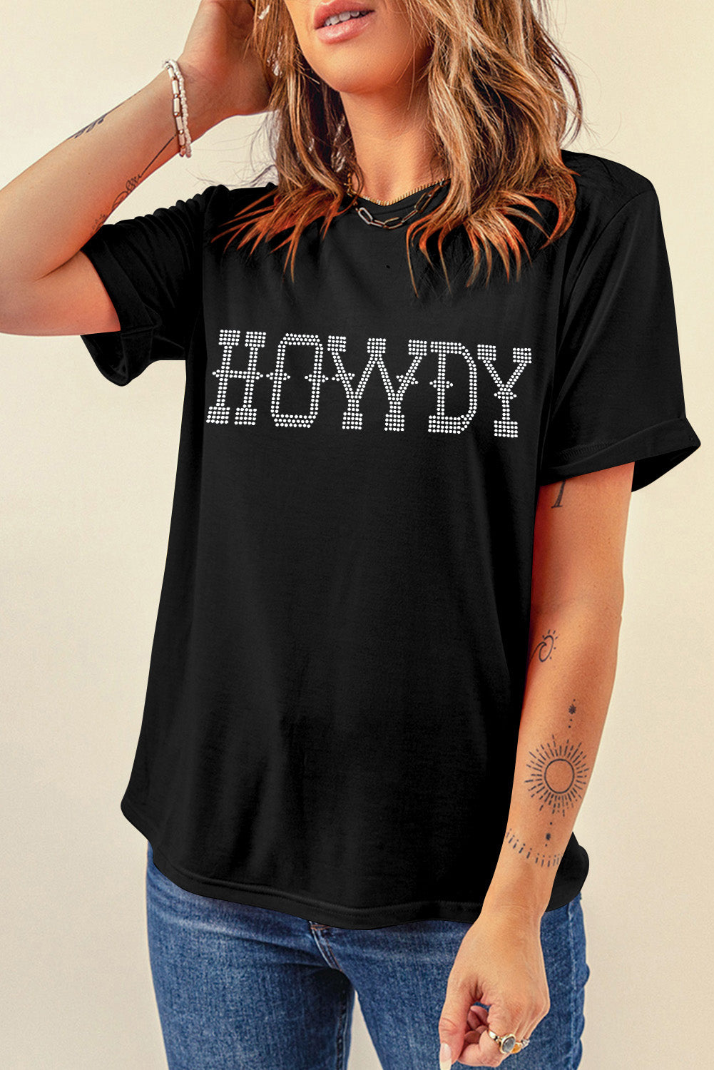 HOWDY Rhinestone Slim Fit Crew Neck T Shirt