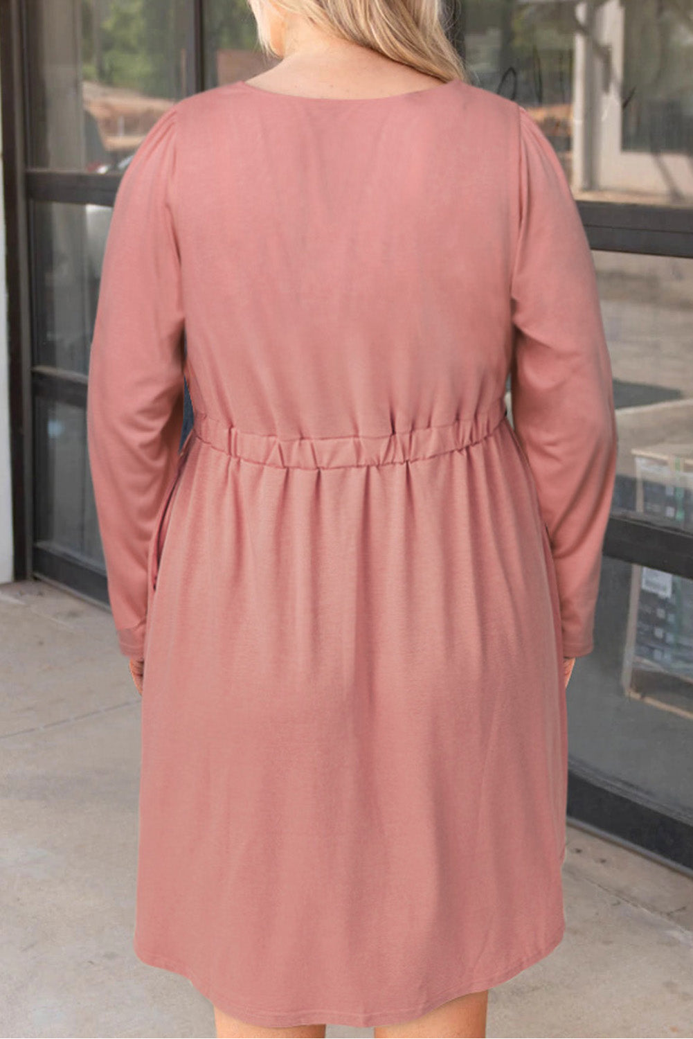 Solid Button Front Plus Size Long Sleeve Dress