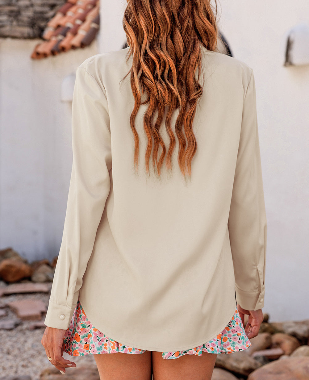 Solid Bow Tie Long Sleeve Blouse