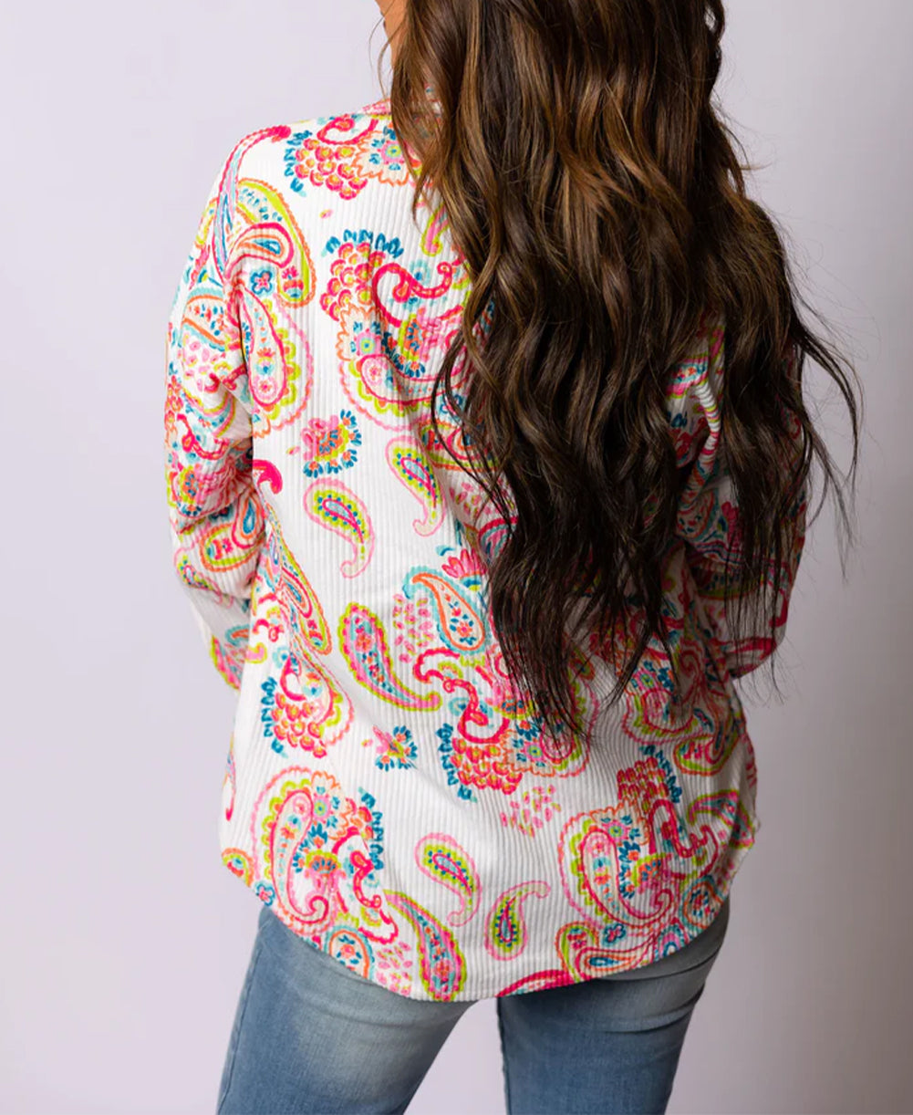 Paisley Pattern Print Buttoned Corduroy Shacket
