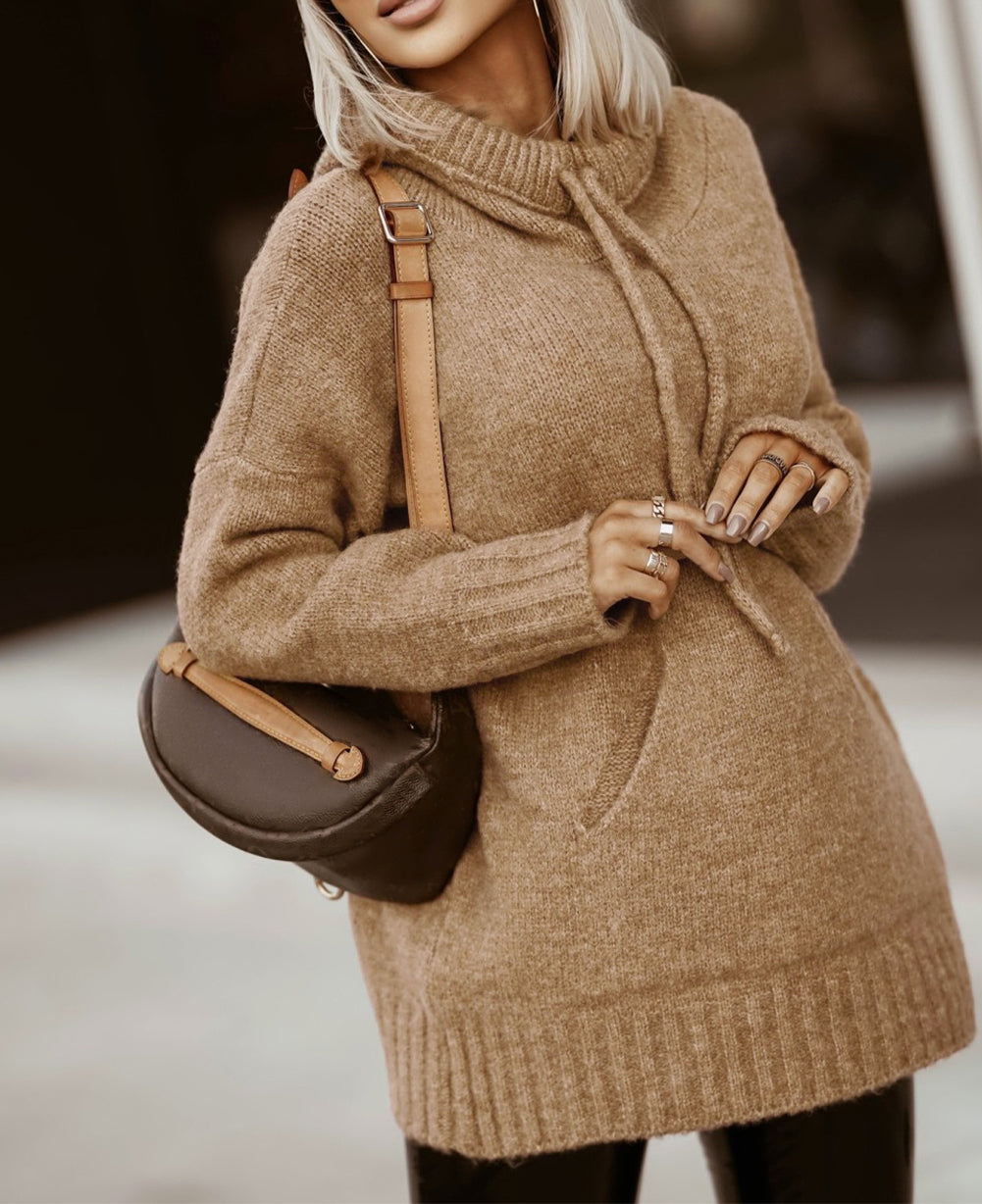 Cowl Neck Drawstring Pullover Hooded Sweater